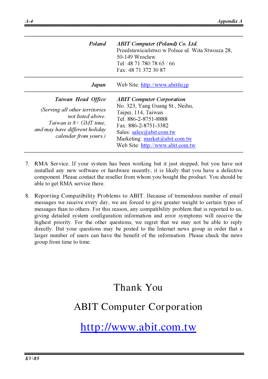 Abit KV-85 user manual Thank You Abit Computer Corporation 