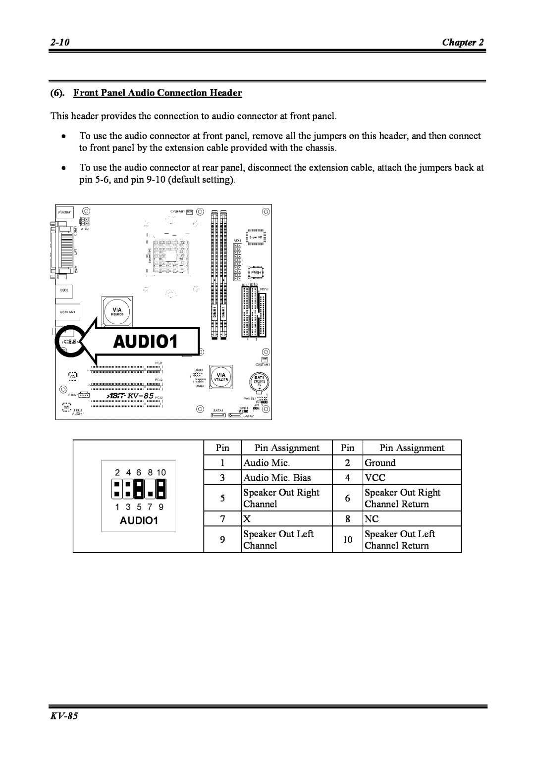 Abit KV-85 user manual Chapter, Front Panel Audio Connection Header 