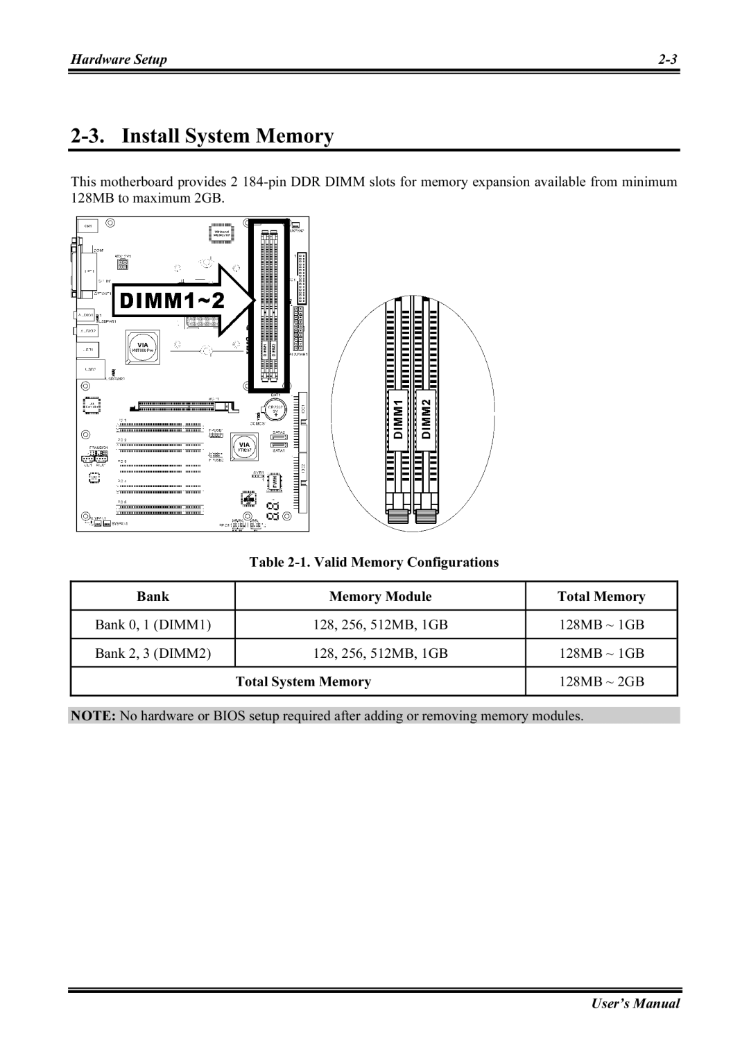 Abit KV8 PRO user manual Install System Memory, 128MB ~ 1GB, Bank 2, 3 DIMM2, Total System Memory 128MB ~ 2GB User’s Manual 