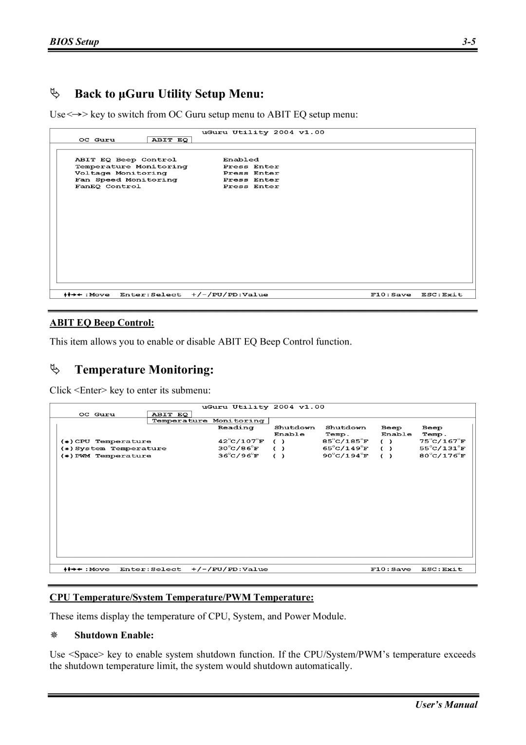 Abit KV8 PRO user manual Back to µGuru Utility Setup Menu, Temperature Monitoring 