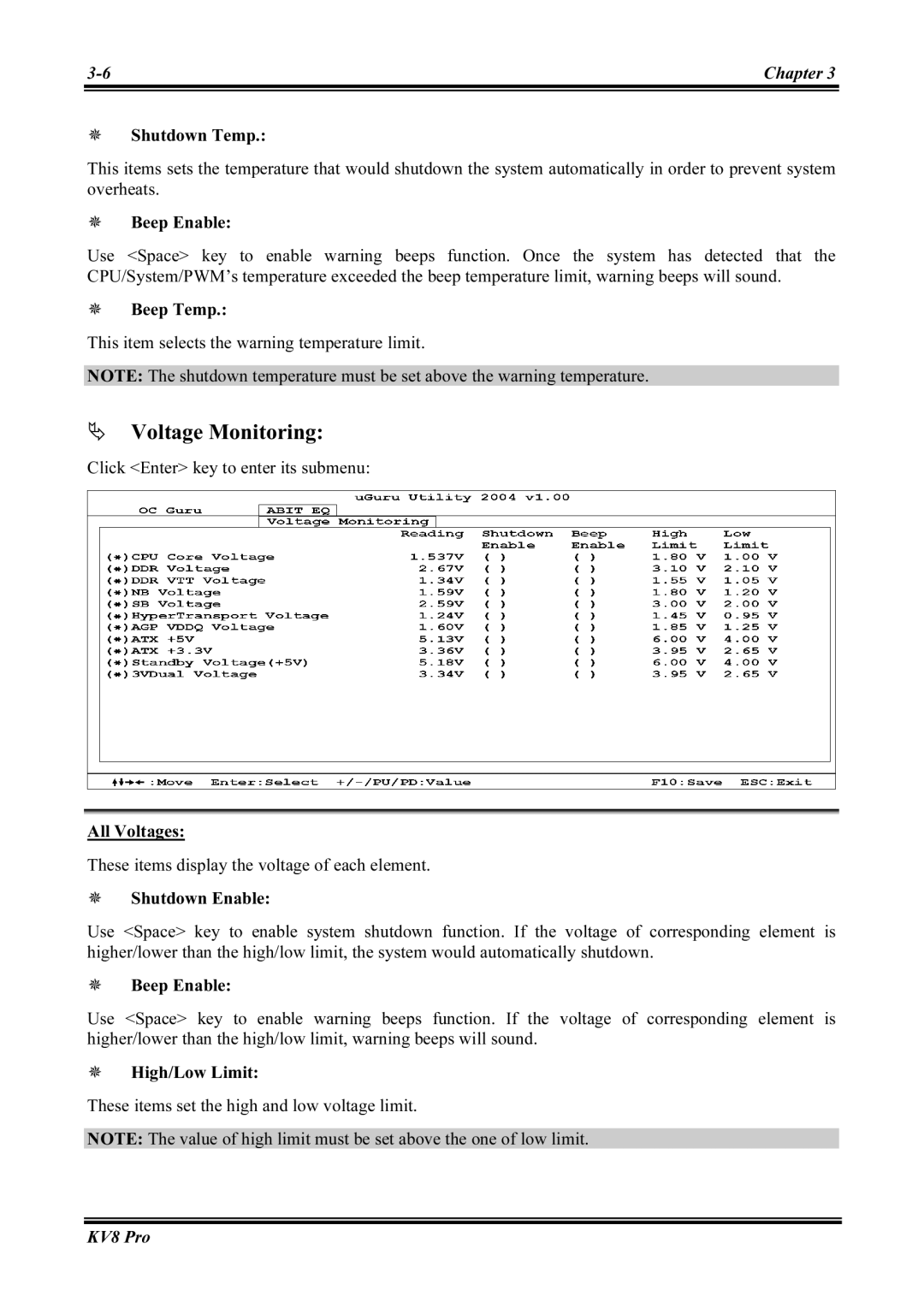 Abit KV8 PRO user manual Voltage Monitoring, Beep Temp This item selects the warning temperature limit 