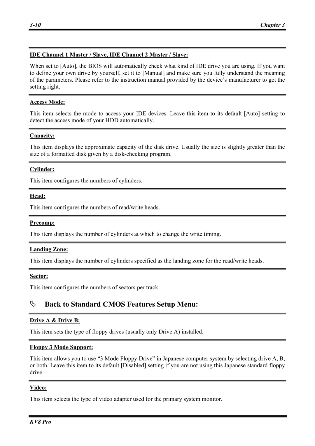 Abit KV8 PRO user manual Back to Standard Cmos Features Setup Menu 