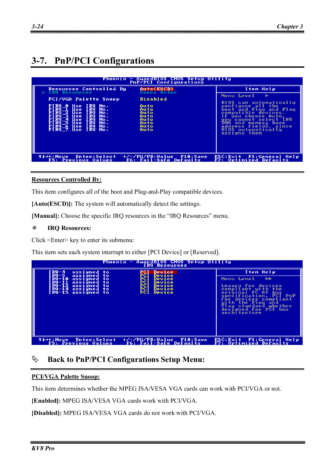 Abit KV8 PRO user manual Back to PnP/PCI Configurations Setup Menu, Resources Controlled By 