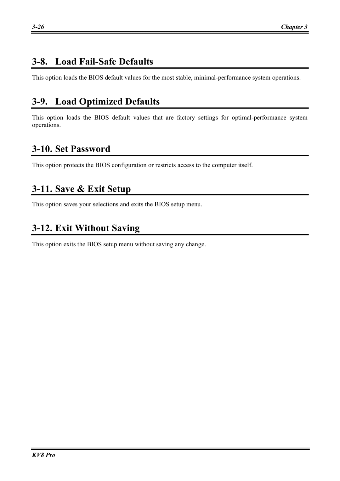 Abit KV8 PRO Load Fail-Safe Defaults, Load Optimized Defaults, Set Password, Save & Exit Setup, Exit Without Saving 