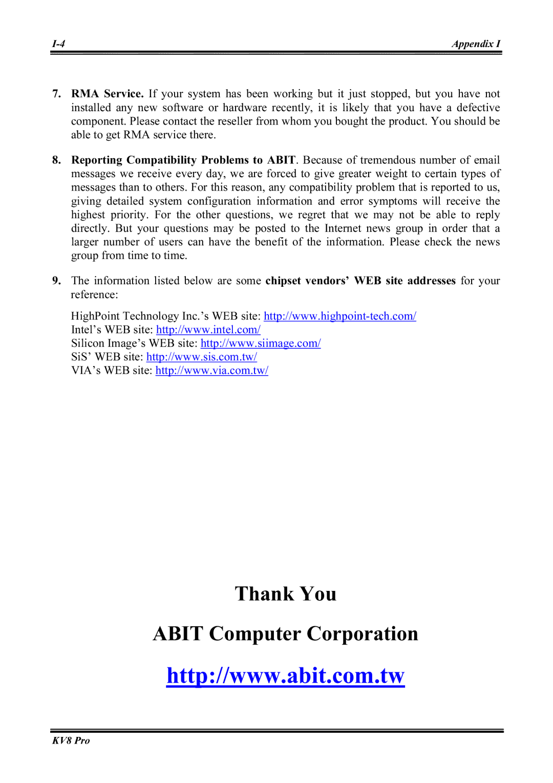 Abit KV8 PRO user manual Thank You Abit Computer Corporation 