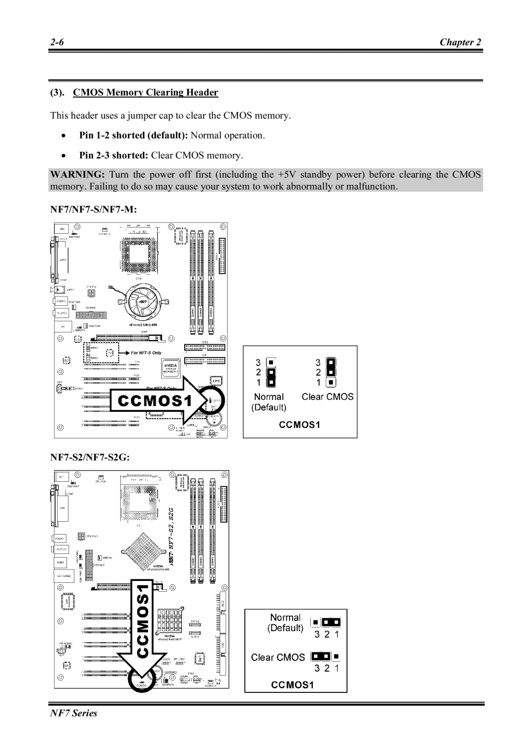 Abit user manual Cmos Memory Clearing Header, Pin 1-2 shorted default Normal operation, NF7/NF7-S/NF7-M NF7-S2/NF7-S2G 