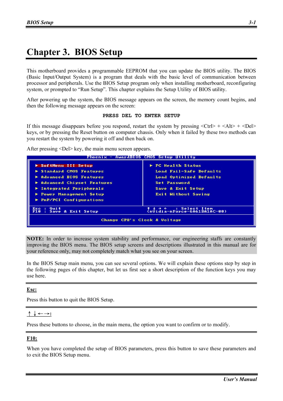 Abit NF7-M, NF7-S2G user manual Bios Setup, Esc, F10 