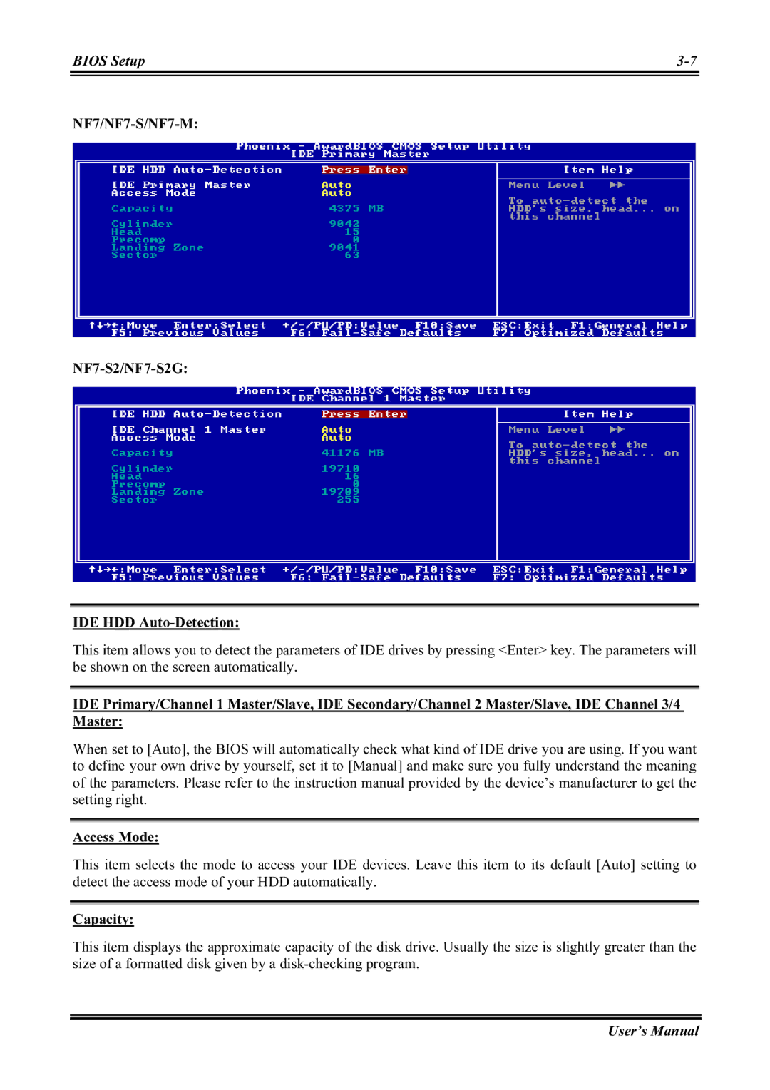 Abit user manual NF7/NF7-S/NF7-M NF7-S2/NF7-S2G IDE HDD Auto-Detection, Capacity 