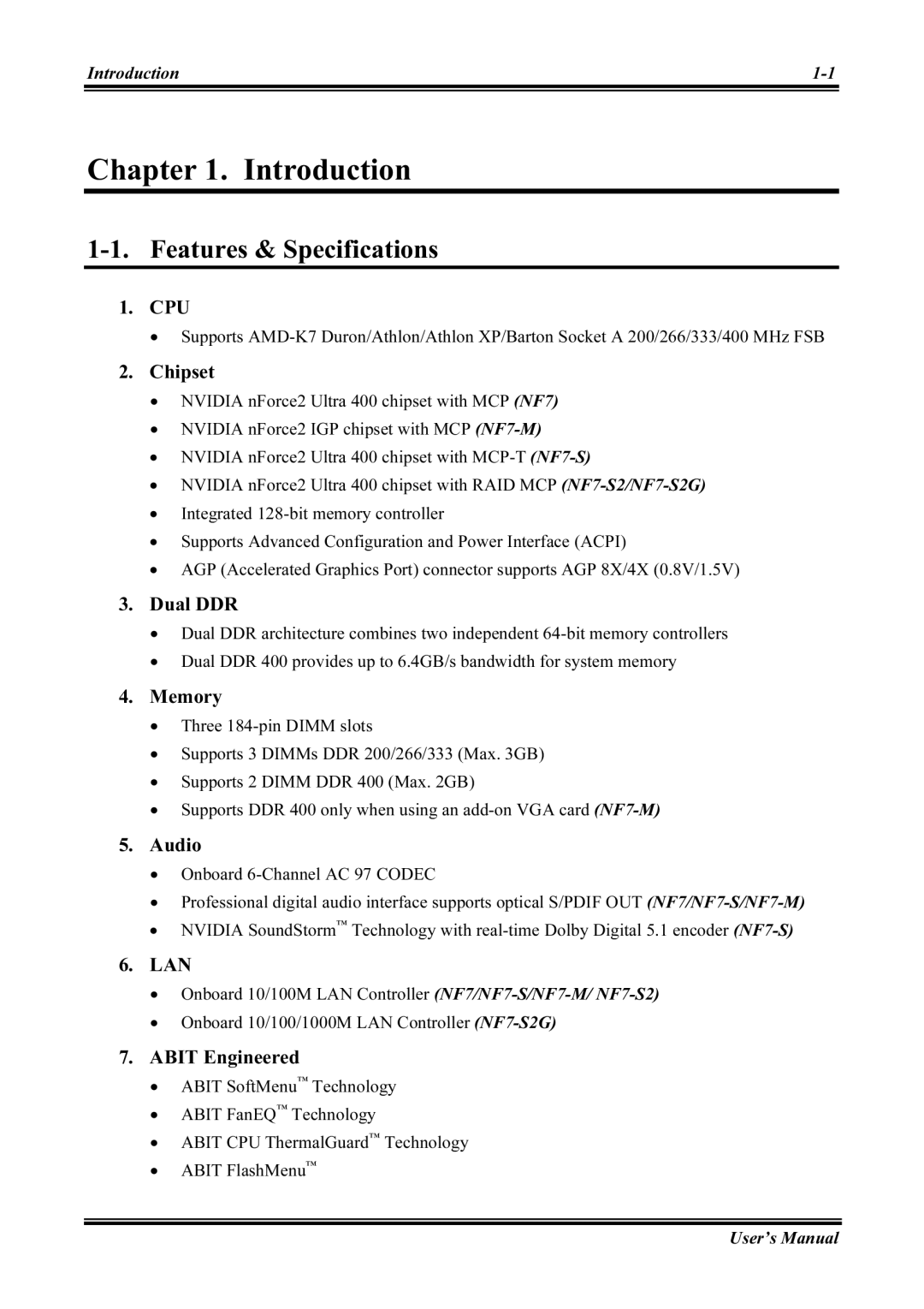 Abit NF7-M, NF7-S2G user manual Introduction, Features & Specifications 