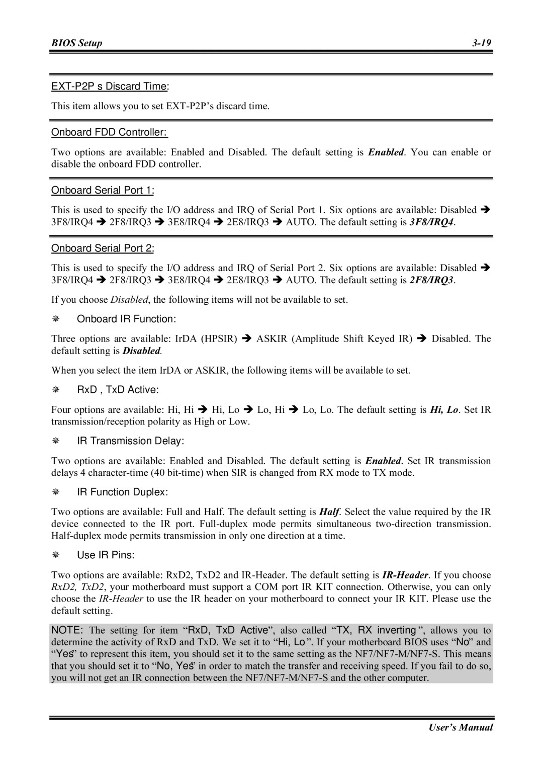 Abit NF7-S2G EXT-P2P’s Discard Time, Onboard FDD Controller, Onboard Serial Port, Onboard IR Function, RxD , TxD Active 