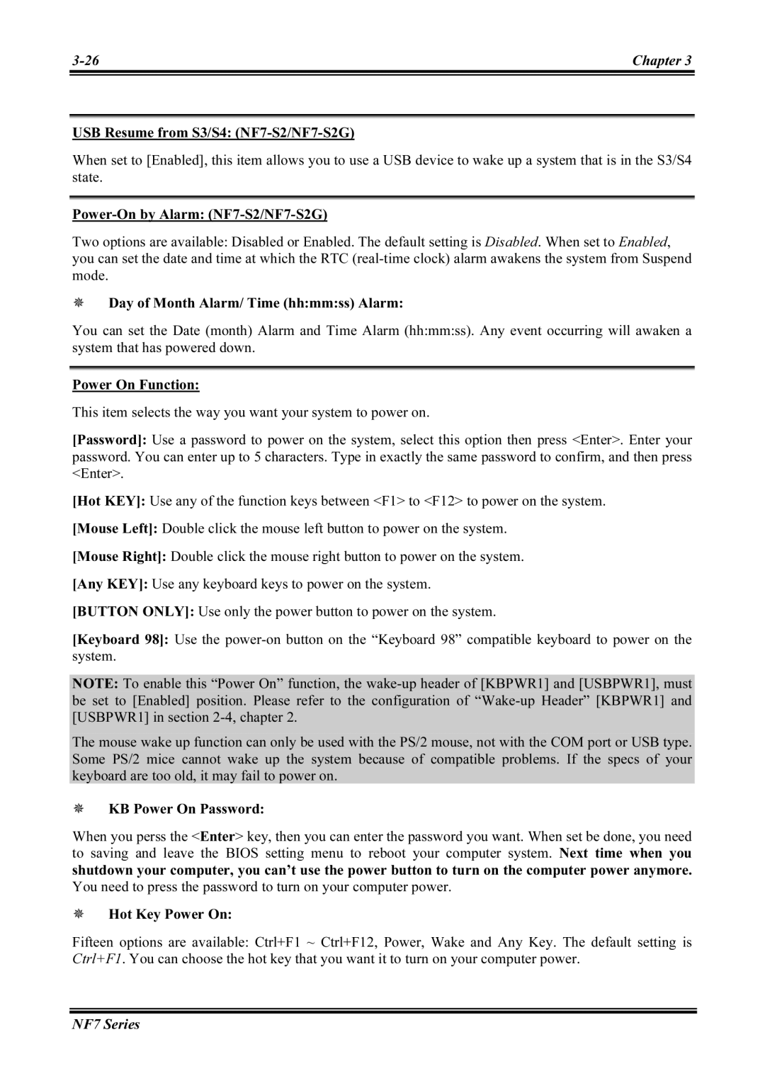 Abit USB Resume from S3/S4 NF7-S2/NF7-S2G, Power-On by Alarm NF7-S2/NF7-S2G, Day of Month Alarm/ Time hhmmss Alarm 