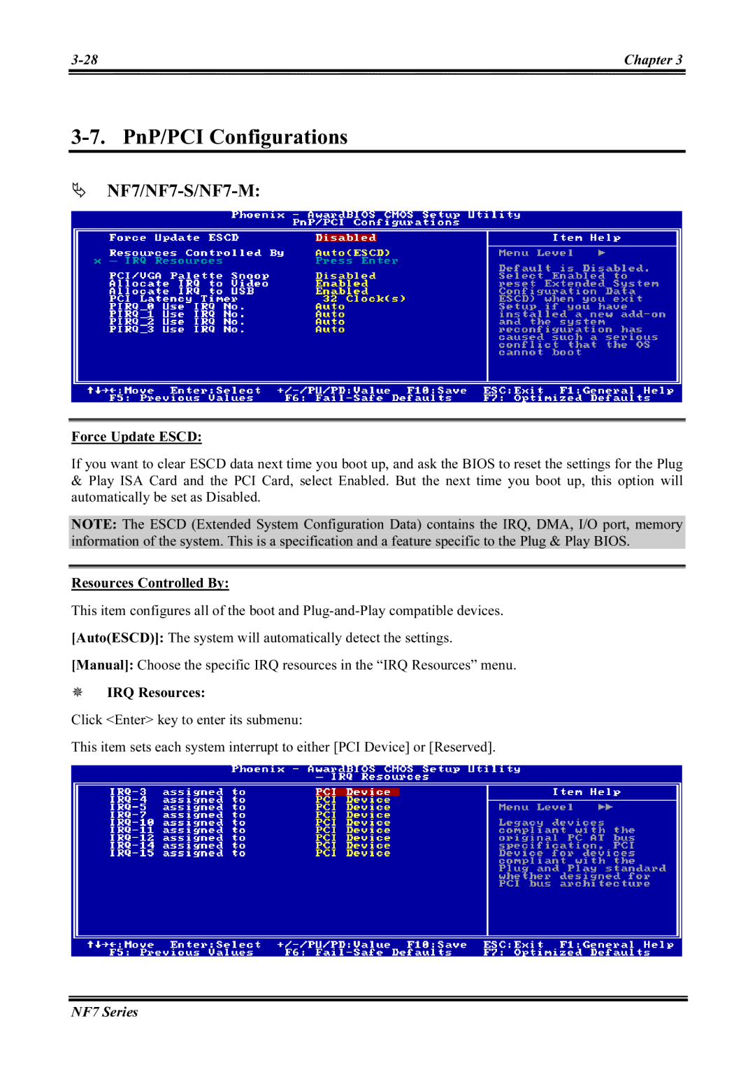 Abit NF7-M, NF7-S2G user manual PnP/PCI Configurations, Force Update Escd, Resources Controlled By, IRQ Resources 