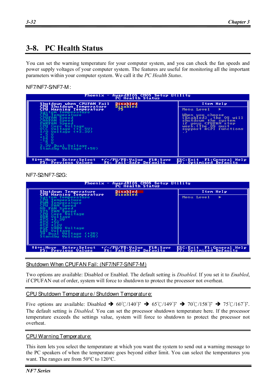 Abit NF7-M, NF7-S2G PC Health Status, CPU Shutdown Temperature / Shutdown Temperature, CPU Warning Temperature 