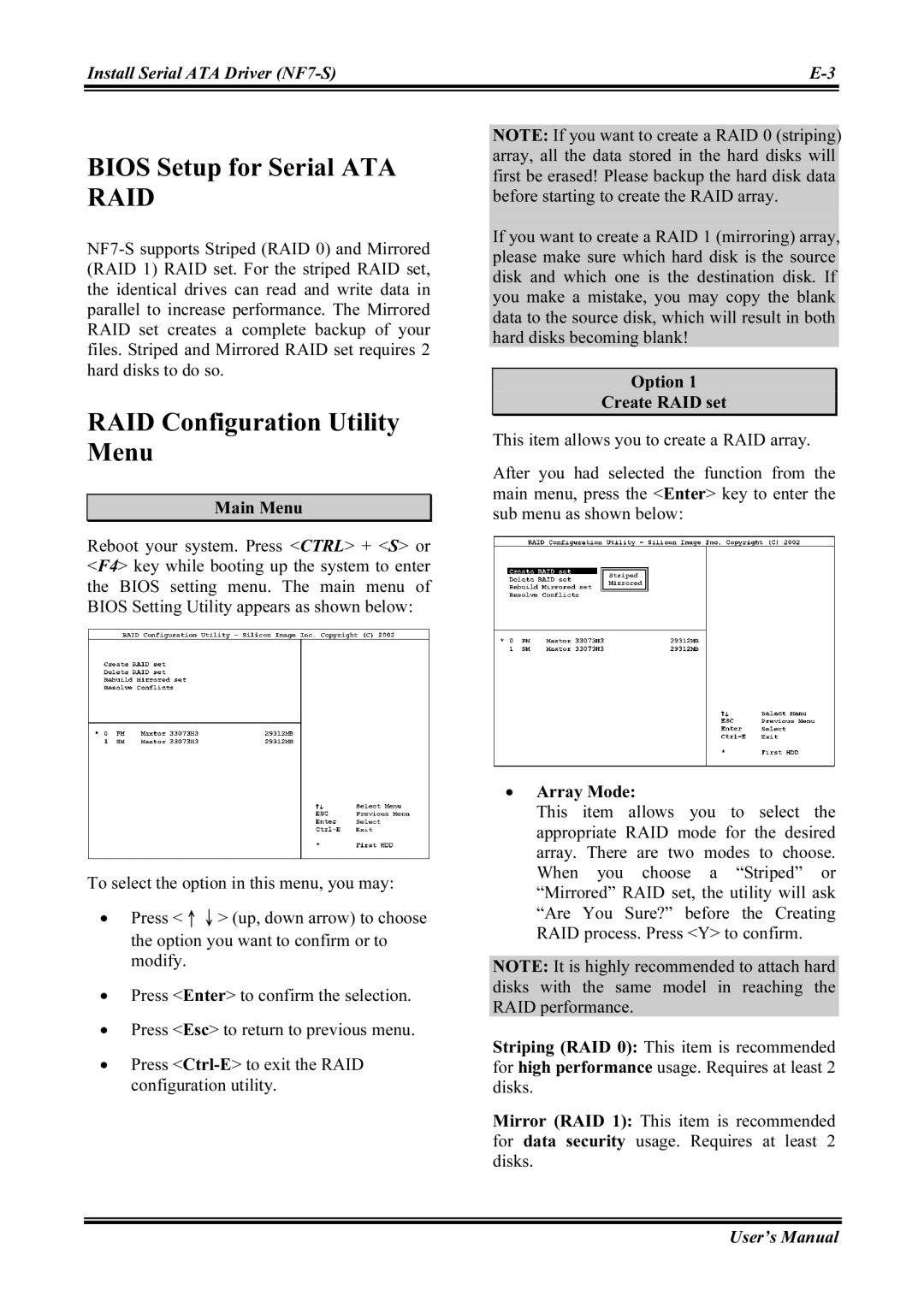 Abit NF7 Bios Setup for Serial ATA RAID, RAID Configuration Utility Menu, Main Menu, Option Create RAID set, Array Mode 