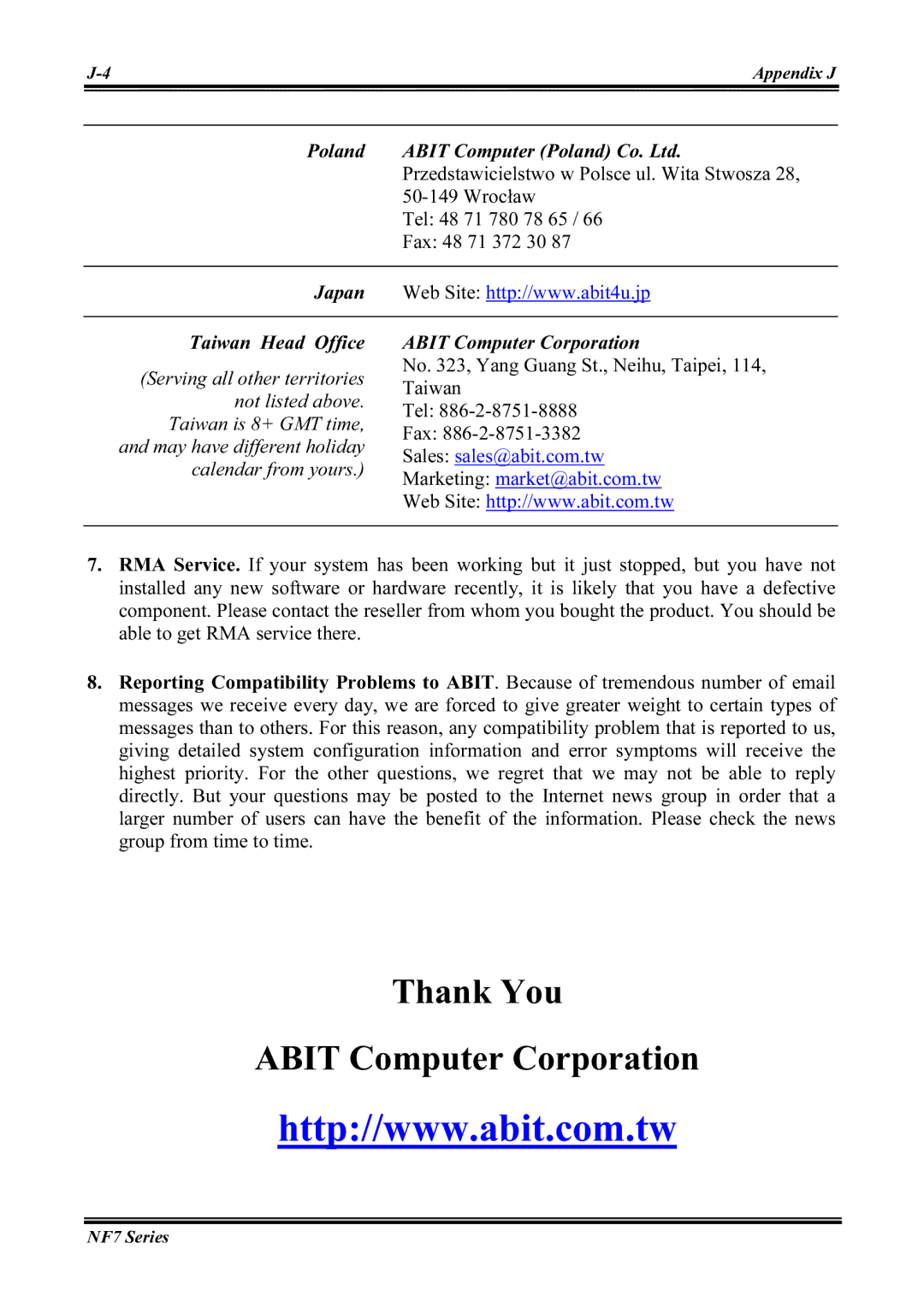 Abit NF7-M, NF7-S2G user manual Thank You Abit Computer Corporation 