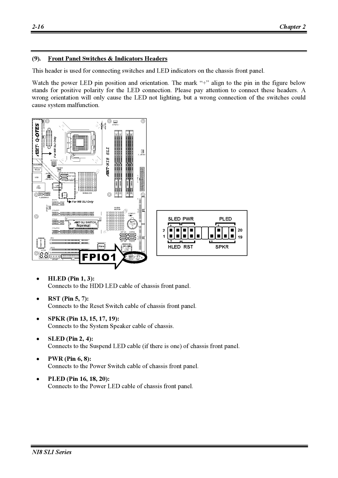 Abit NI8 SLI Front Panel Switches & Indicators Headers, Hled Pin 1, RST Pin 5, Spkr Pin 13, 15, 17, Sled Pin 2, PWR Pin 6 