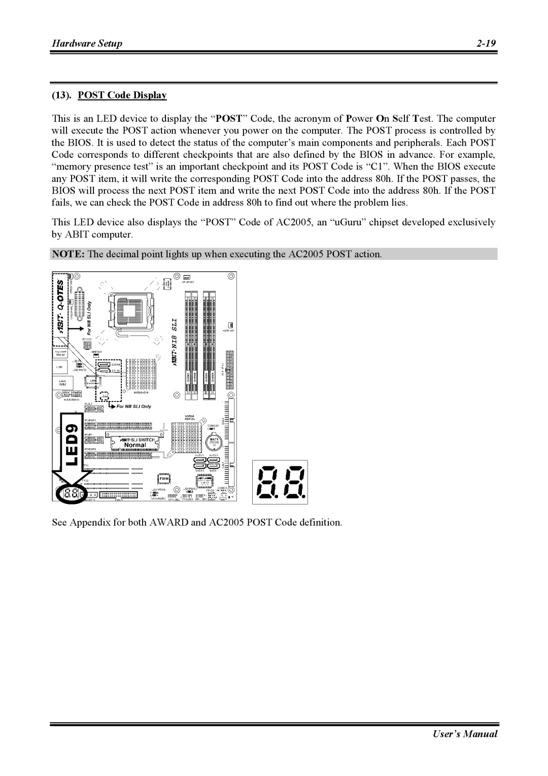 Abit NI8 SLI user manual Post Code Display 