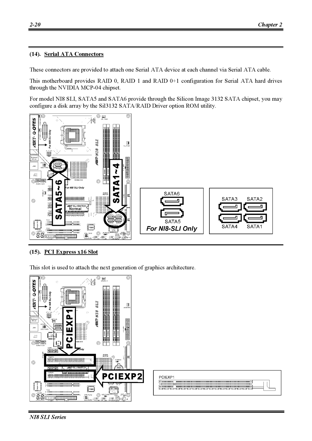 Abit NI8 SLI user manual Serial ATA Connectors, PCI Express x16 Slot 