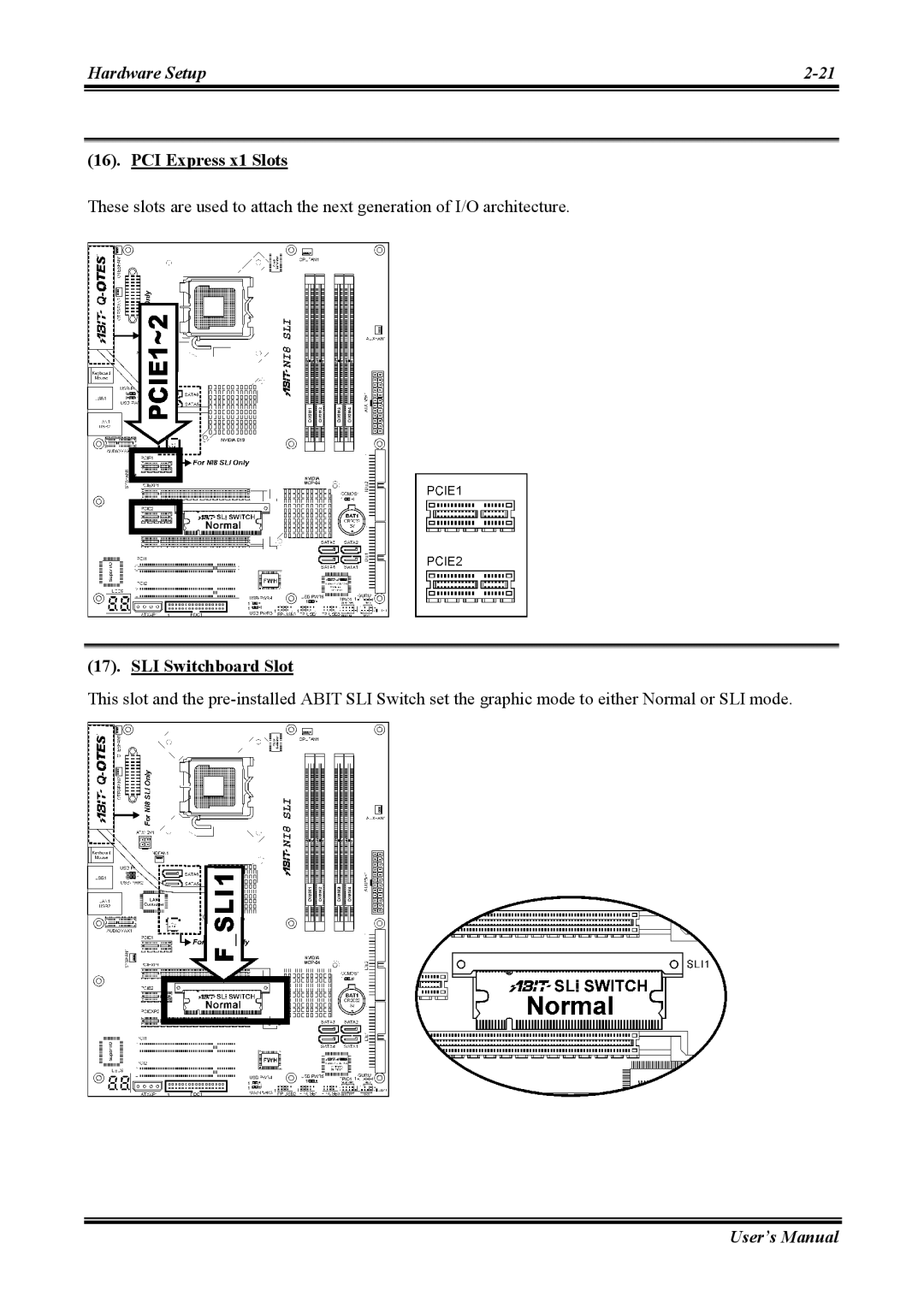 Abit NI8 SLI user manual PCI Express x1 Slots, SLI Switchboard Slot 