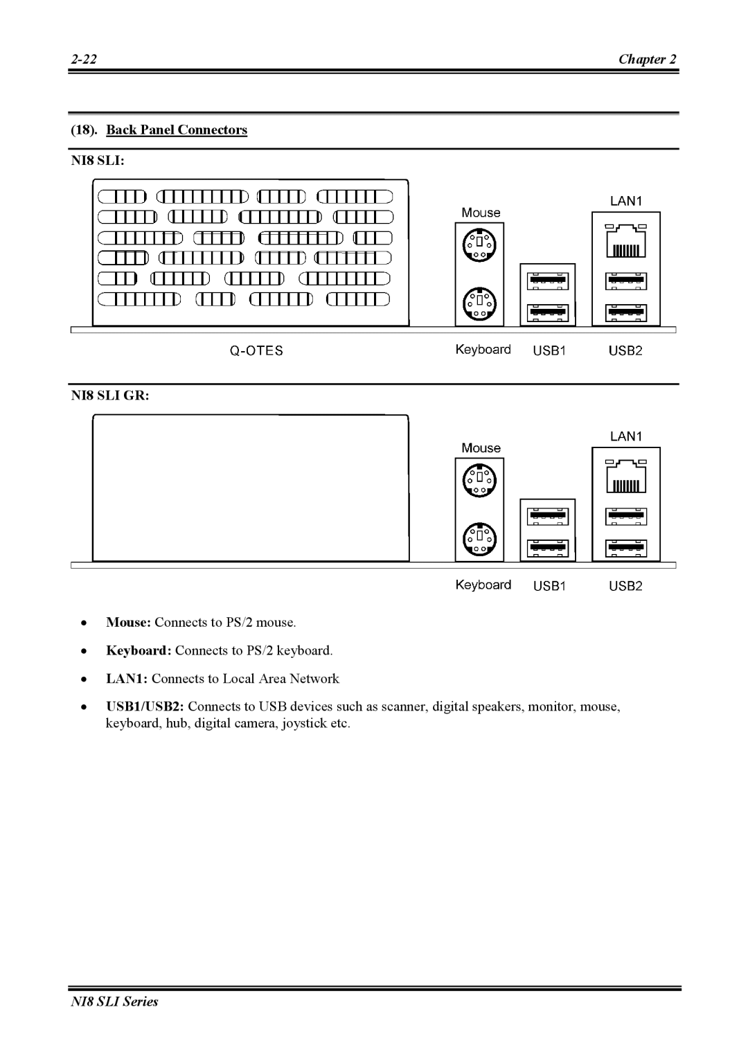 Abit user manual Back Panel Connectors, NI8 SLI NI8 SLI GR 