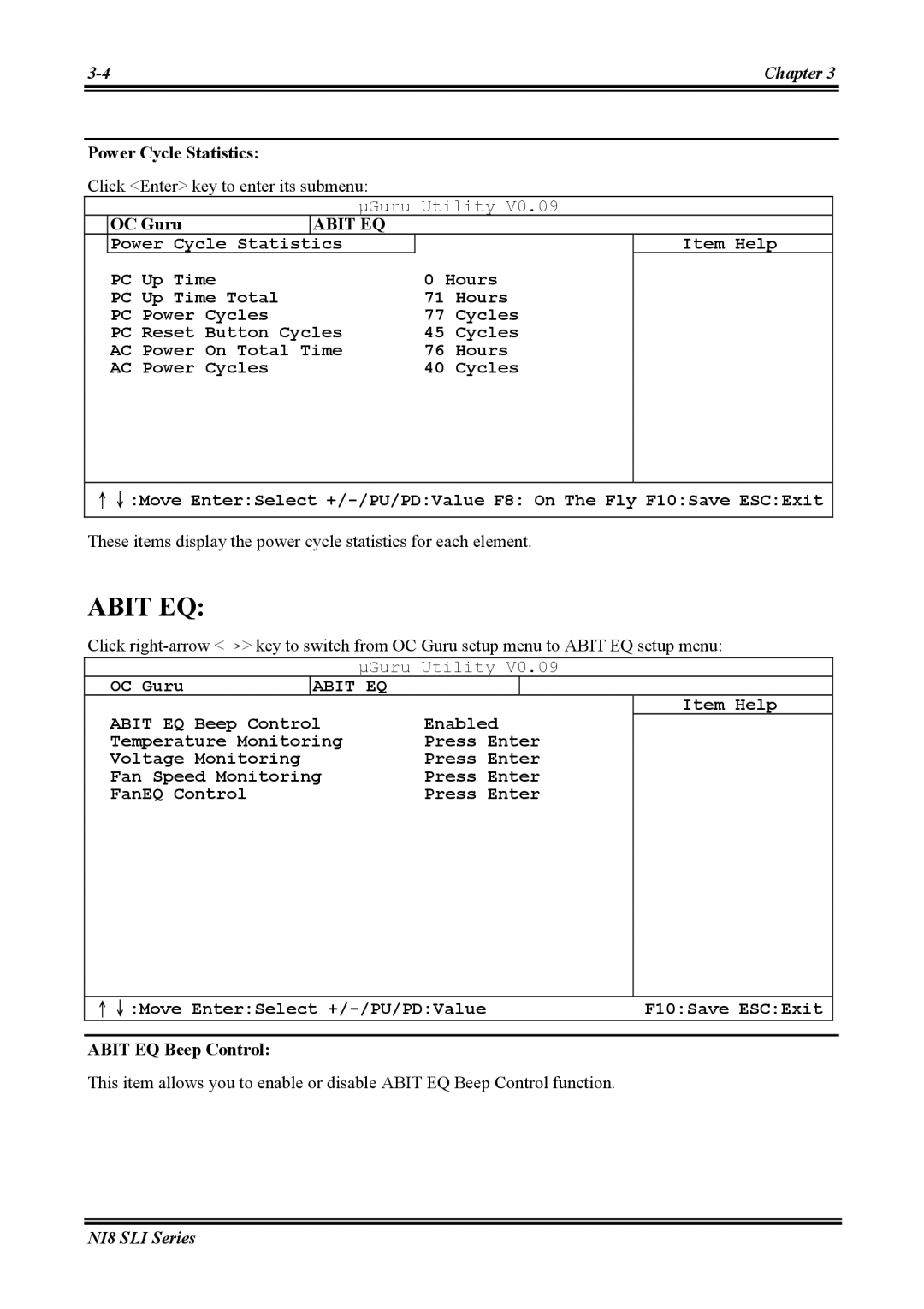 Abit NI8 SLI user manual Power Cycle Statistics Click Enter key to enter its submenu, Abit EQ Beep Control 