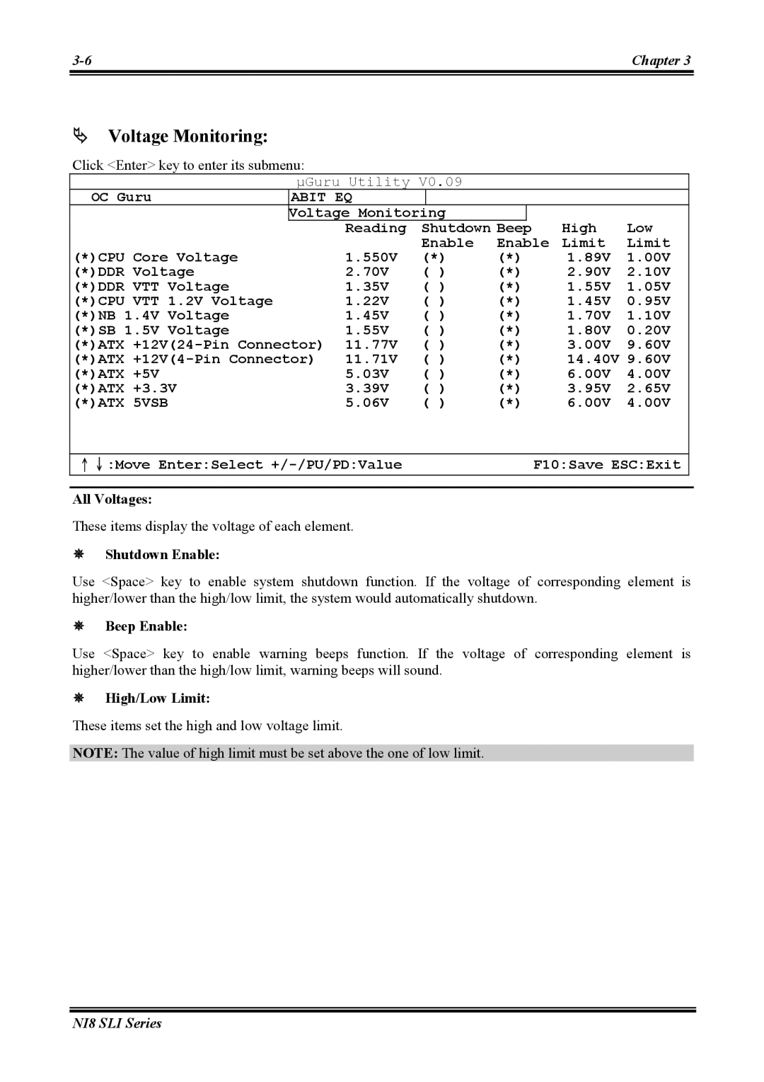 Abit NI8 SLI user manual # Voltage Monitoring, All Voltages, High/Low Limit 