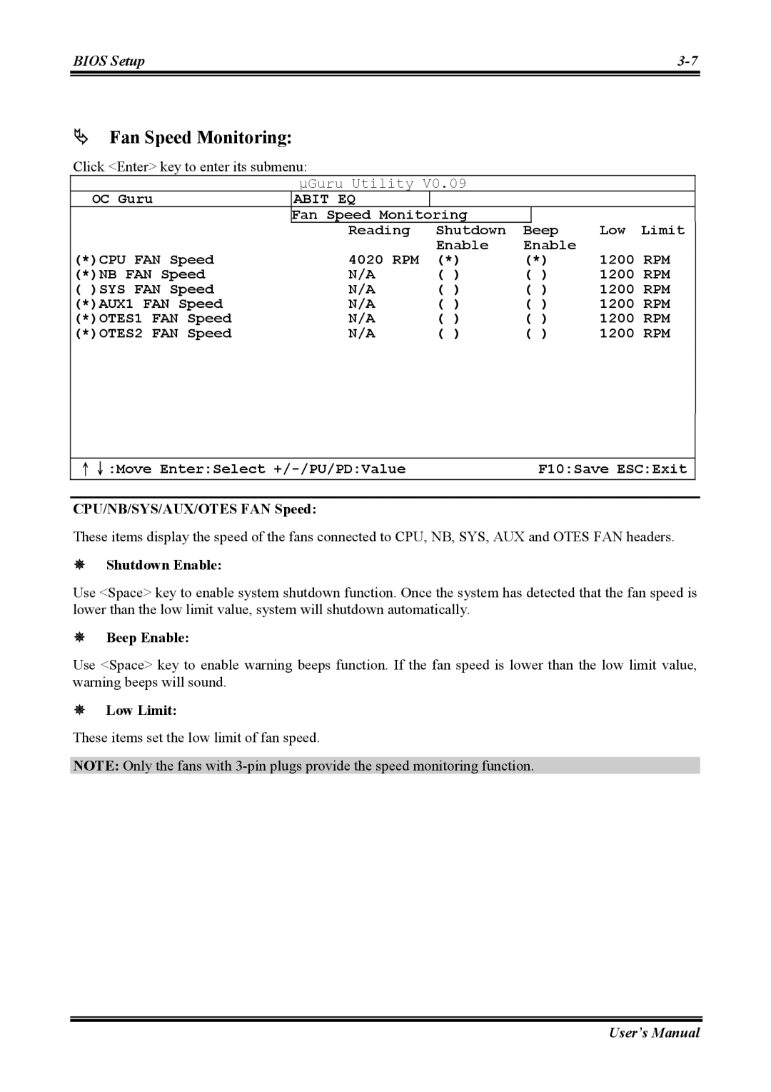 Abit NI8 SLI user manual # Fan Speed Monitoring, CPU/NB/SYS/AUX/OTES FAN Speed, Low Limit 