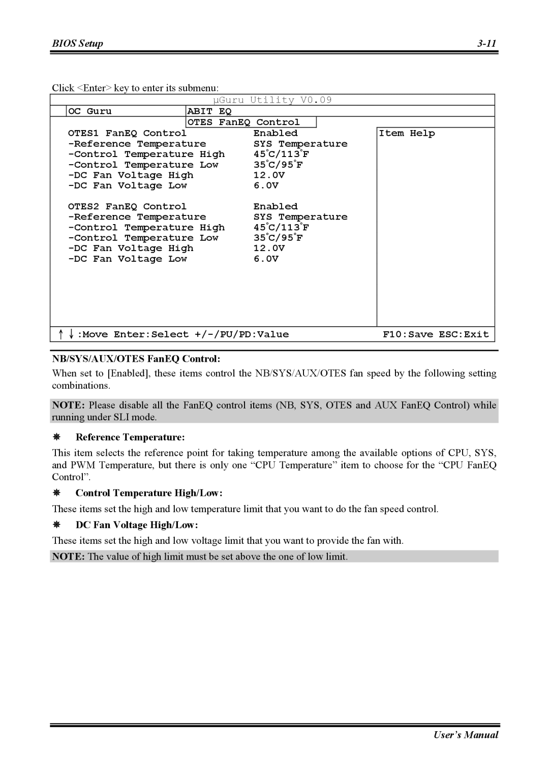 Abit NI8 SLI user manual NB/SYS/AUX/OTES FanEQ Control, DC Fan Voltage High/Low 