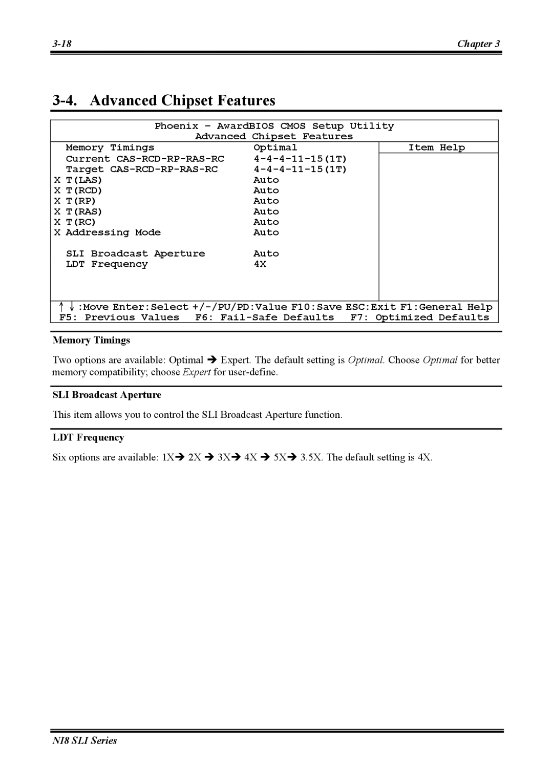 Abit NI8 SLI user manual Advanced Chipset Features, Memory Timings, SLI Broadcast Aperture, LDT Frequency 