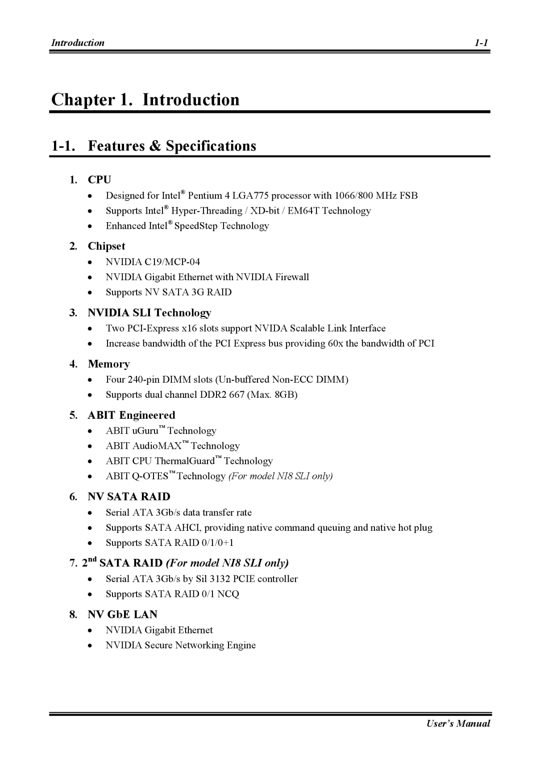 Abit NI8 SLI user manual Introduction, Features & Specifications 