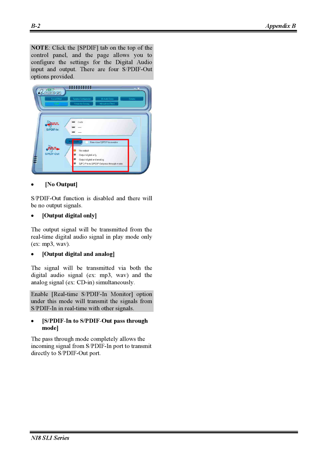 Abit NI8 SLI user manual No Output, Output digital only, Output digital and analog, PDIF-In to S/PDIF-Out pass through mode 