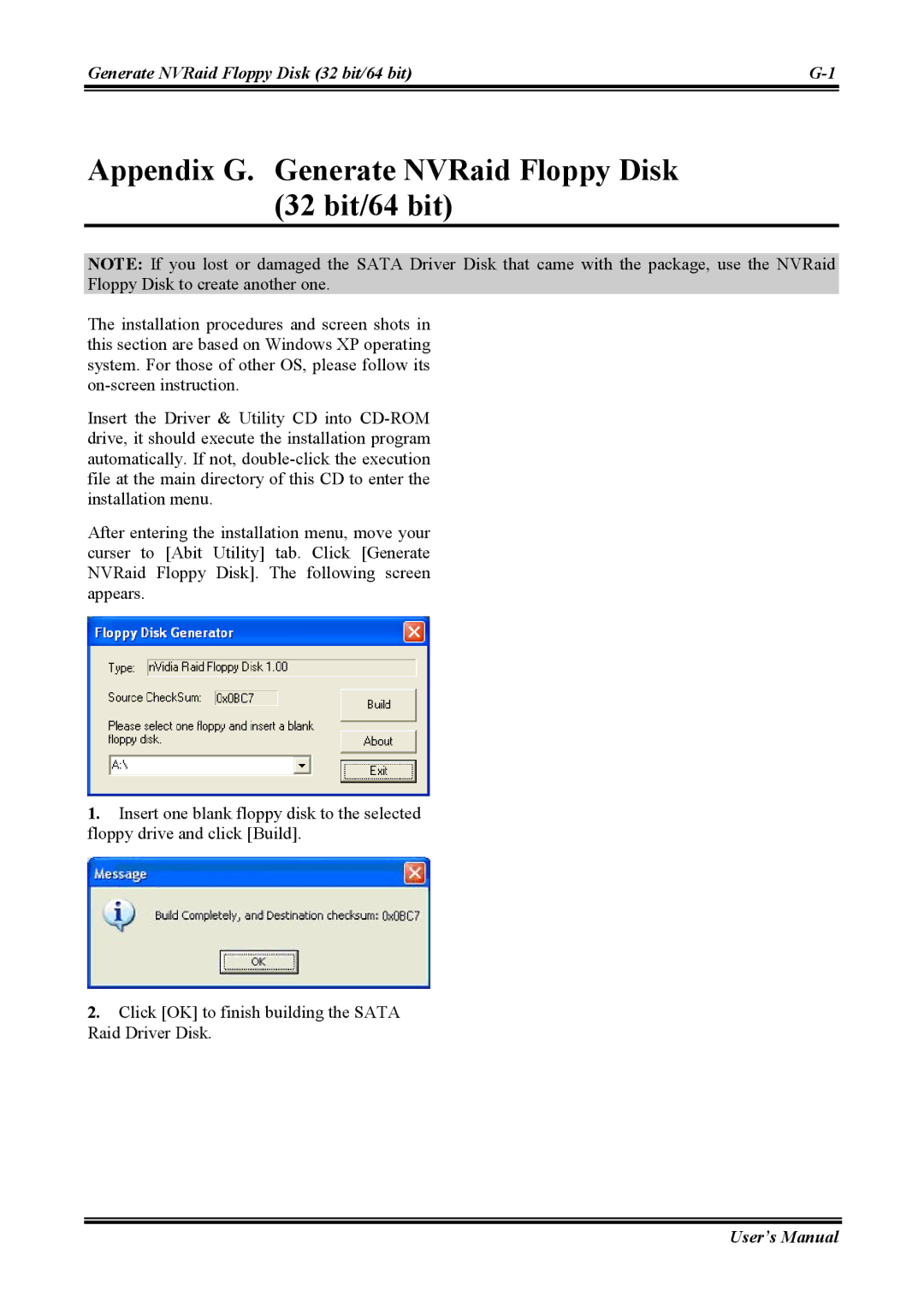 Abit NI8 SLI user manual Appendix G. Generate NVRaid Floppy Disk 32 bit/64 bit 