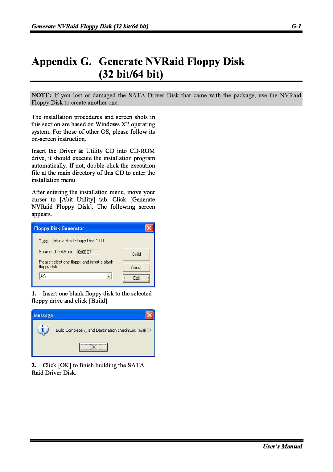 Abit NI8 SLI user manual Appendix G. Generate NVRaid Floppy Disk 32 bit/64 bit, User’s Manual 