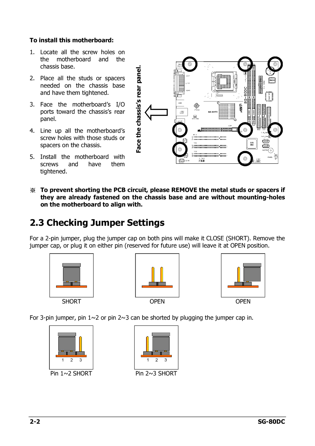 Abit SG-80DC appendix Checking Jumper Settings, Short Open 