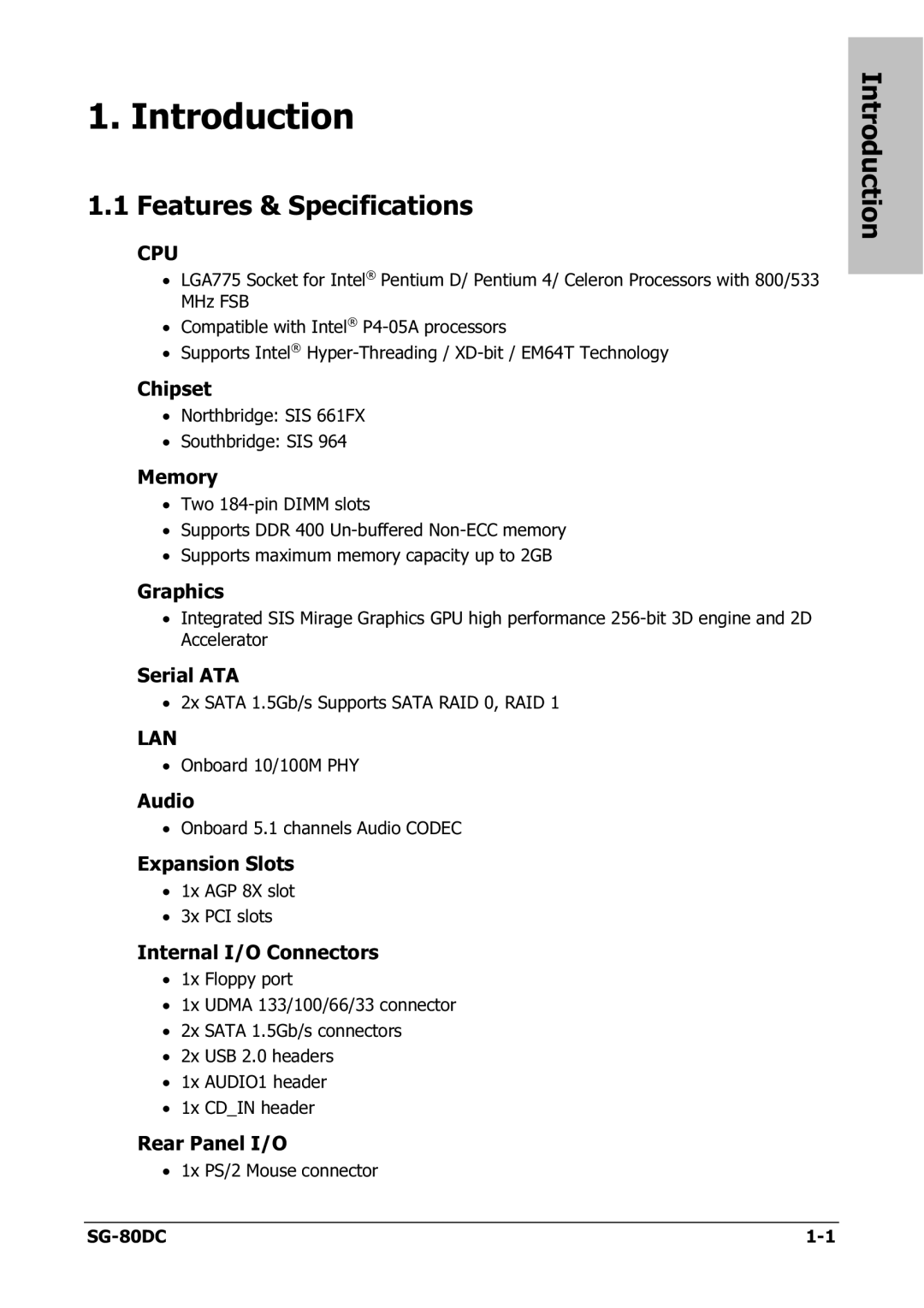 Abit SG-80DC appendix Introduction, Features & Specifications 