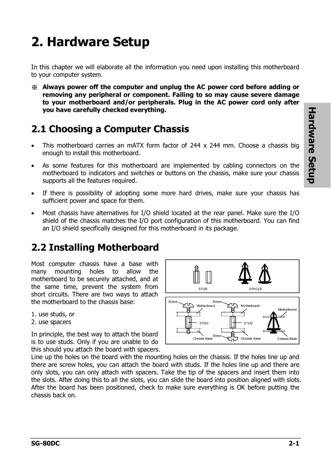 Abit SG-80DC appendix Hardware Setup, Choosing a Computer Chassis, Installing Motherboard 