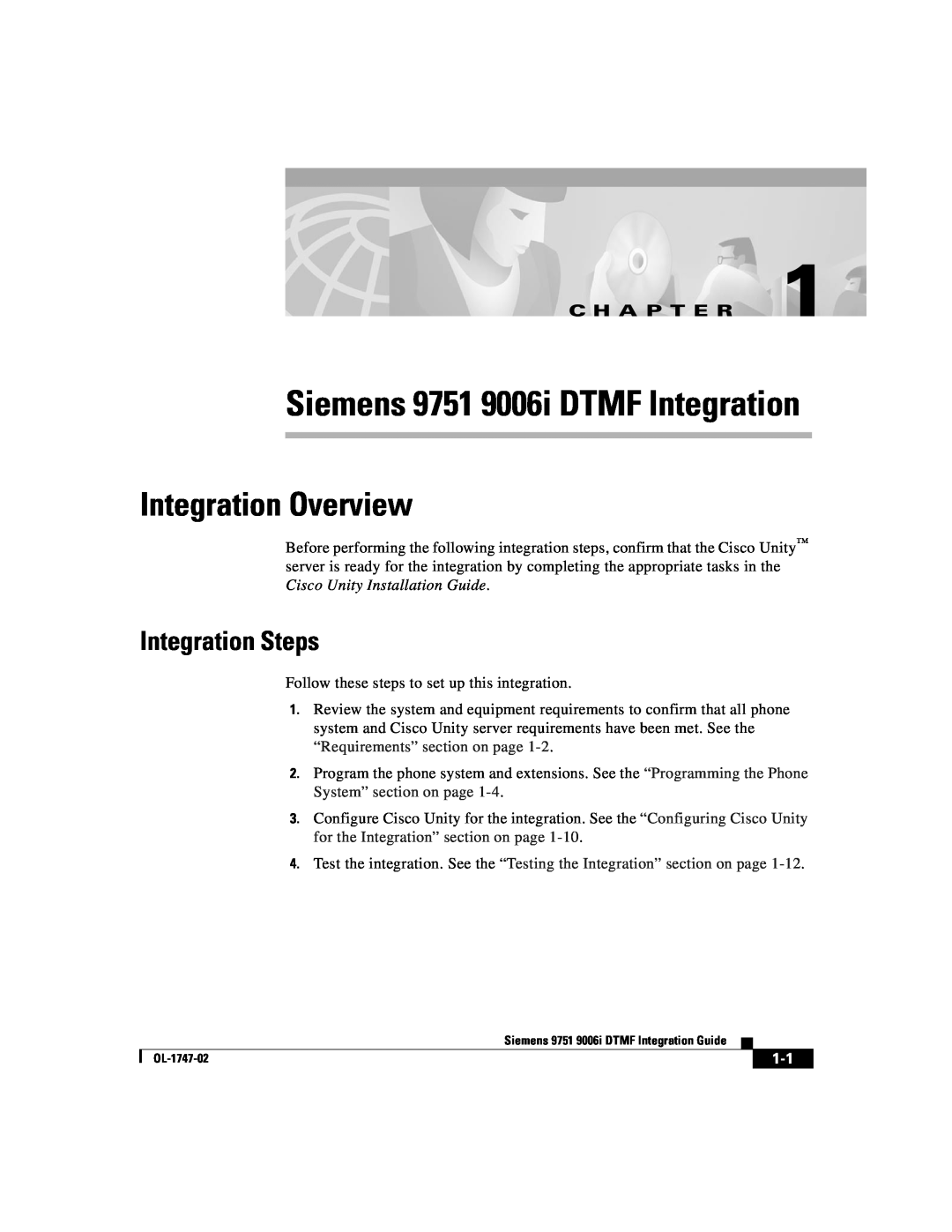 Able Planet OL-1747-02 manual Integration Overview, Integration Steps, C H A P T E R, Siemens 9751 9006i DTMF Integration 