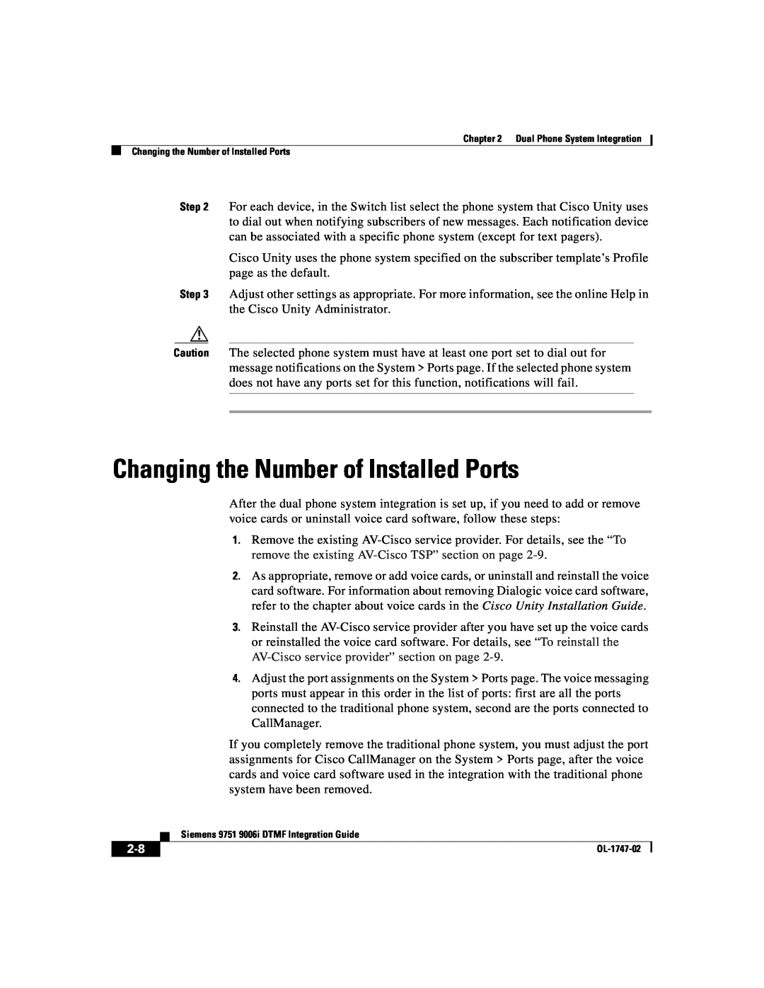 Able Planet OL-1747-02 manual Changing the Number of Installed Ports, Dual Phone System Integration 