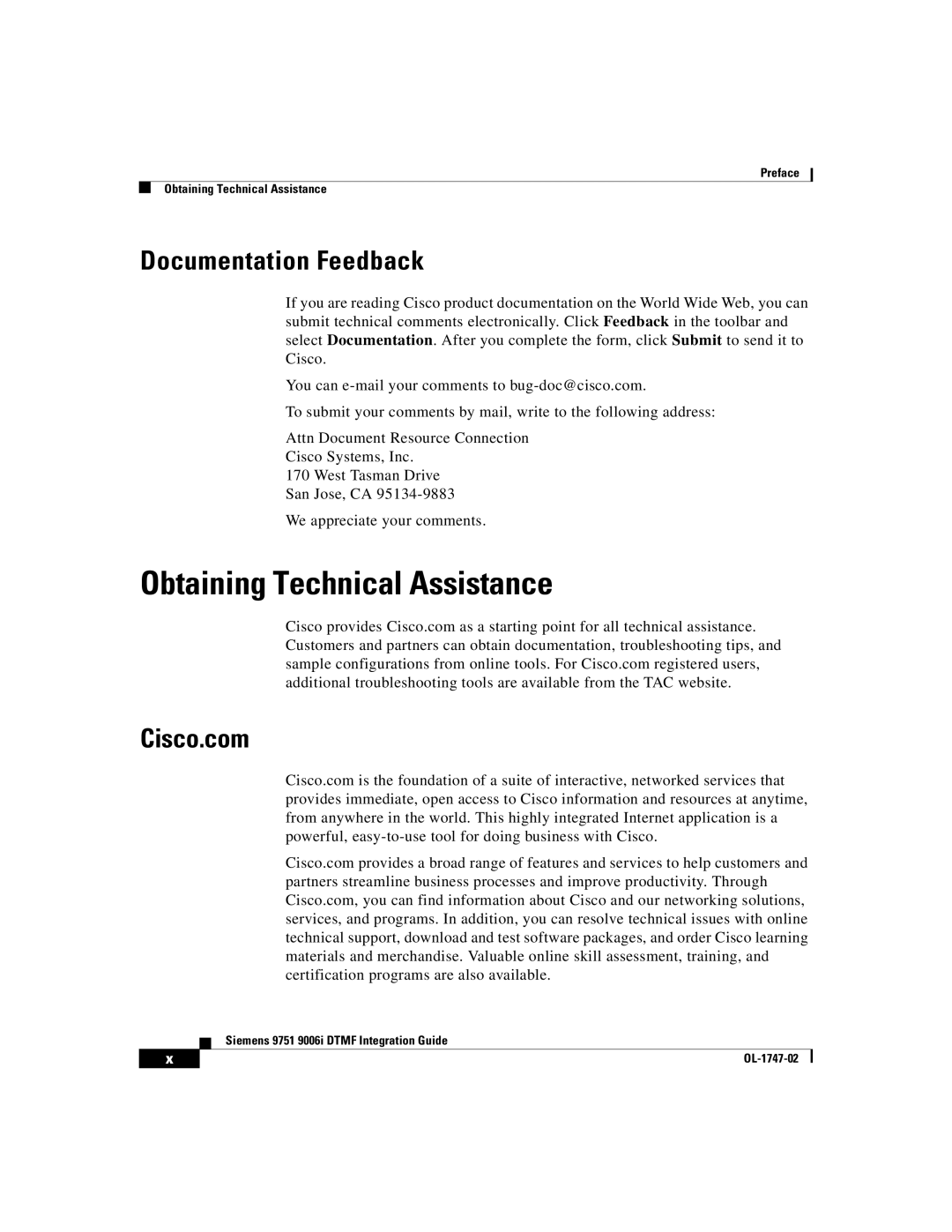 Able Planet OL-1747-02 manual Obtaining Technical Assistance, Documentation Feedback, Cisco.com 