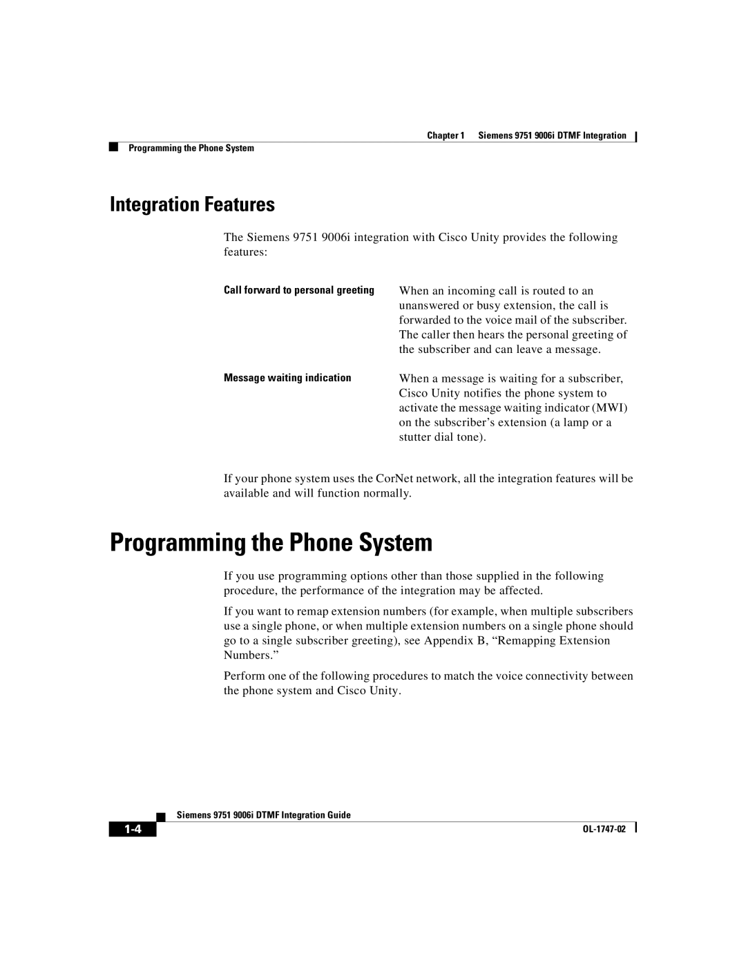 Able Planet OL-1747-02 manual Programming the Phone System, Integration Features 