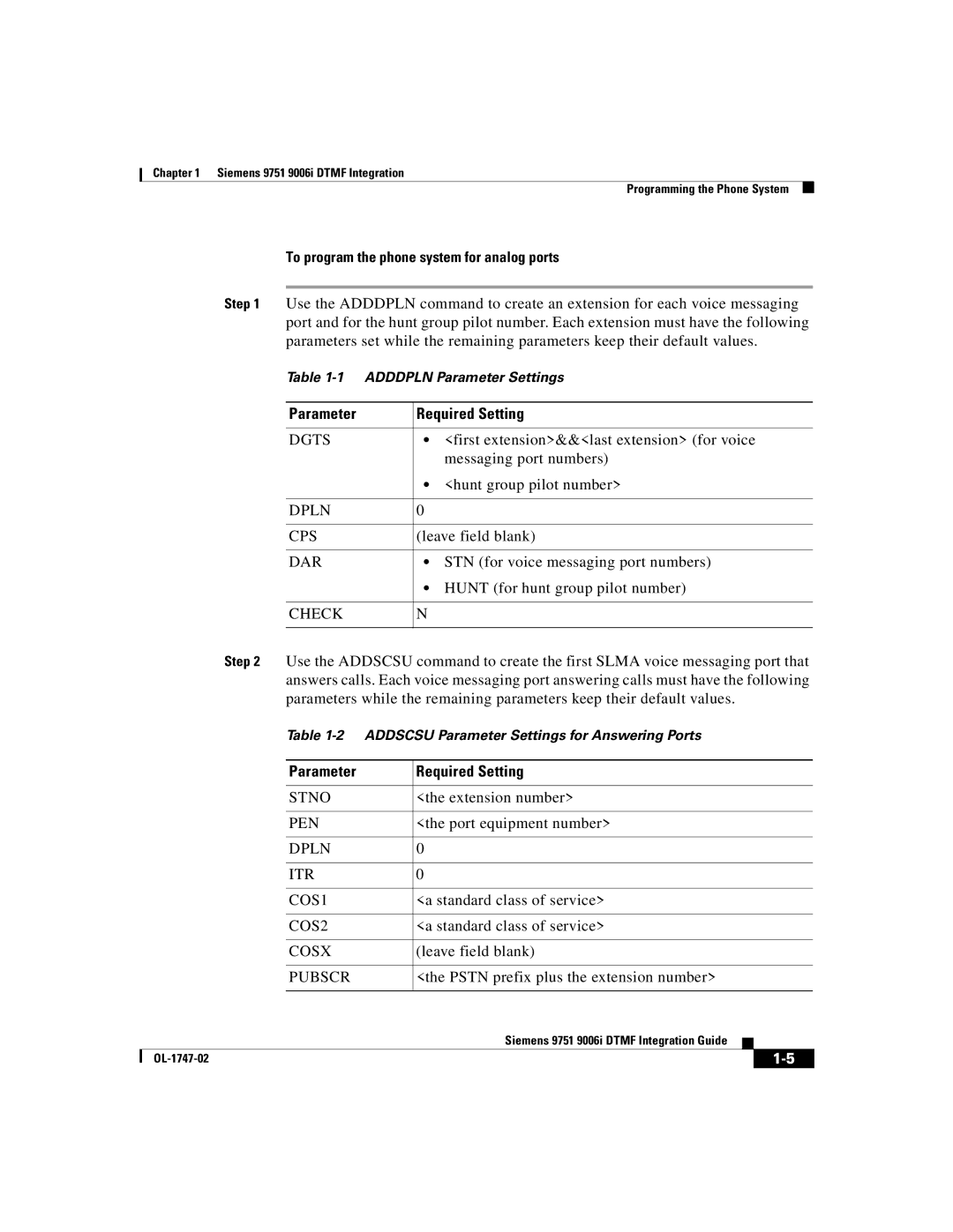 Able Planet OL-1747-02 manual To program the phone system for analog ports, Parameter Required Setting 