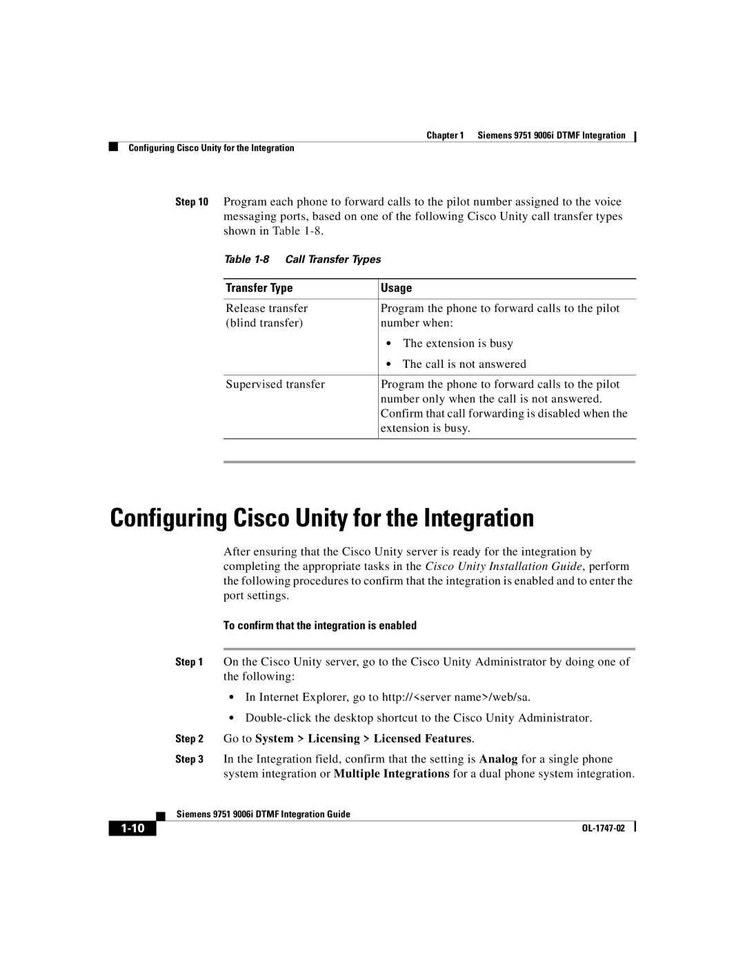 Able Planet OL-1747-02 manual Configuring Cisco Unity for the Integration, Transfer Type Usage 