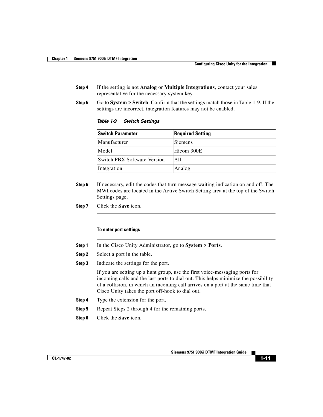 Able Planet OL-1747-02 manual Switch Parameter Required Setting, To enter port settings 