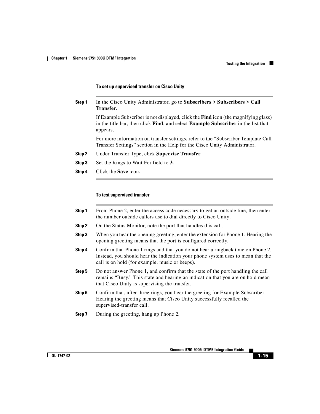 Able Planet OL-1747-02 manual To set up supervised transfer on Cisco Unity, To test supervised transfer 