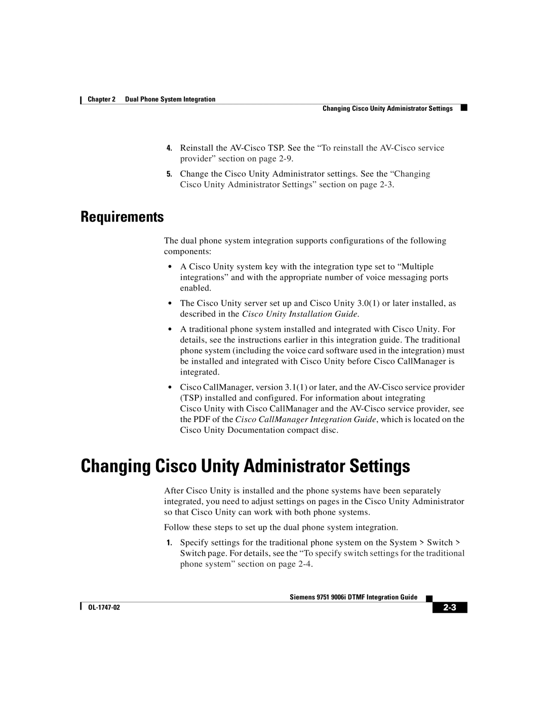 Able Planet OL-1747-02 manual Changing Cisco Unity Administrator Settings, Requirements 