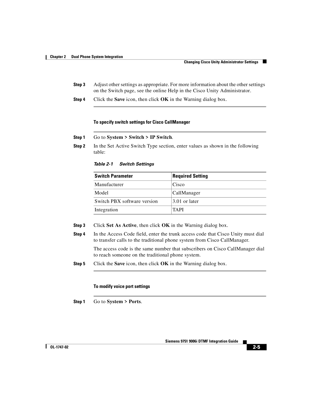 Able Planet OL-1747-02 manual To specify switch settings for Cisco CallManager, To modify voice port settings 