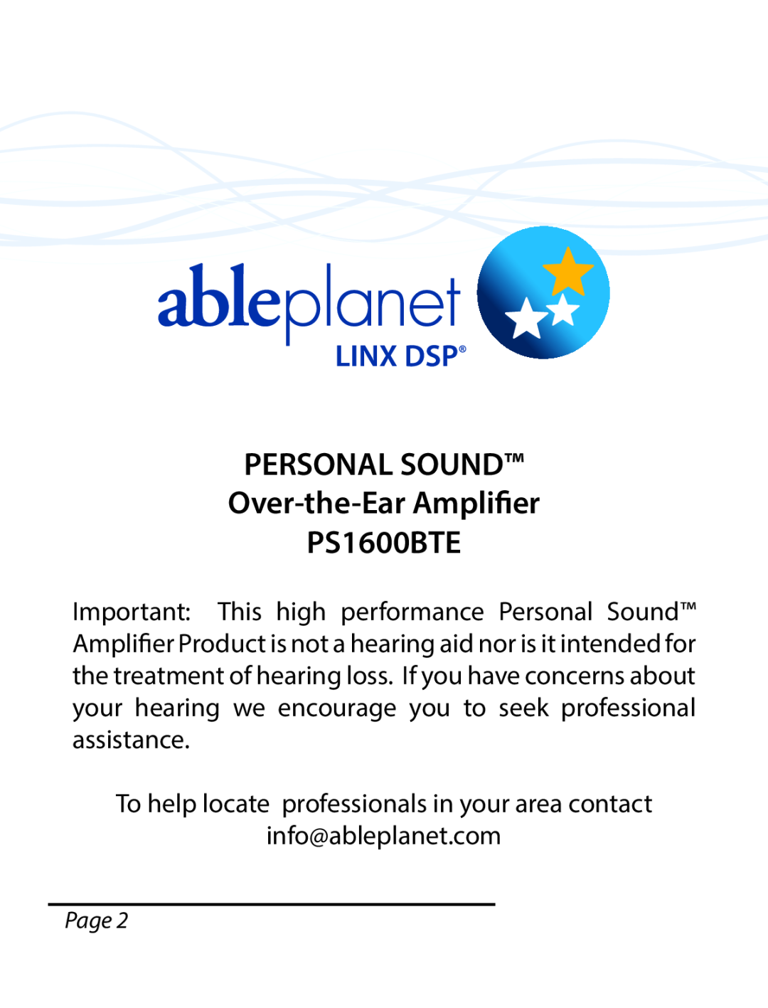 Able Planet PERSONAL SOUND Over-the-EarAmplifier PS1600BTE, To help locate professionals in your area contact, Page 