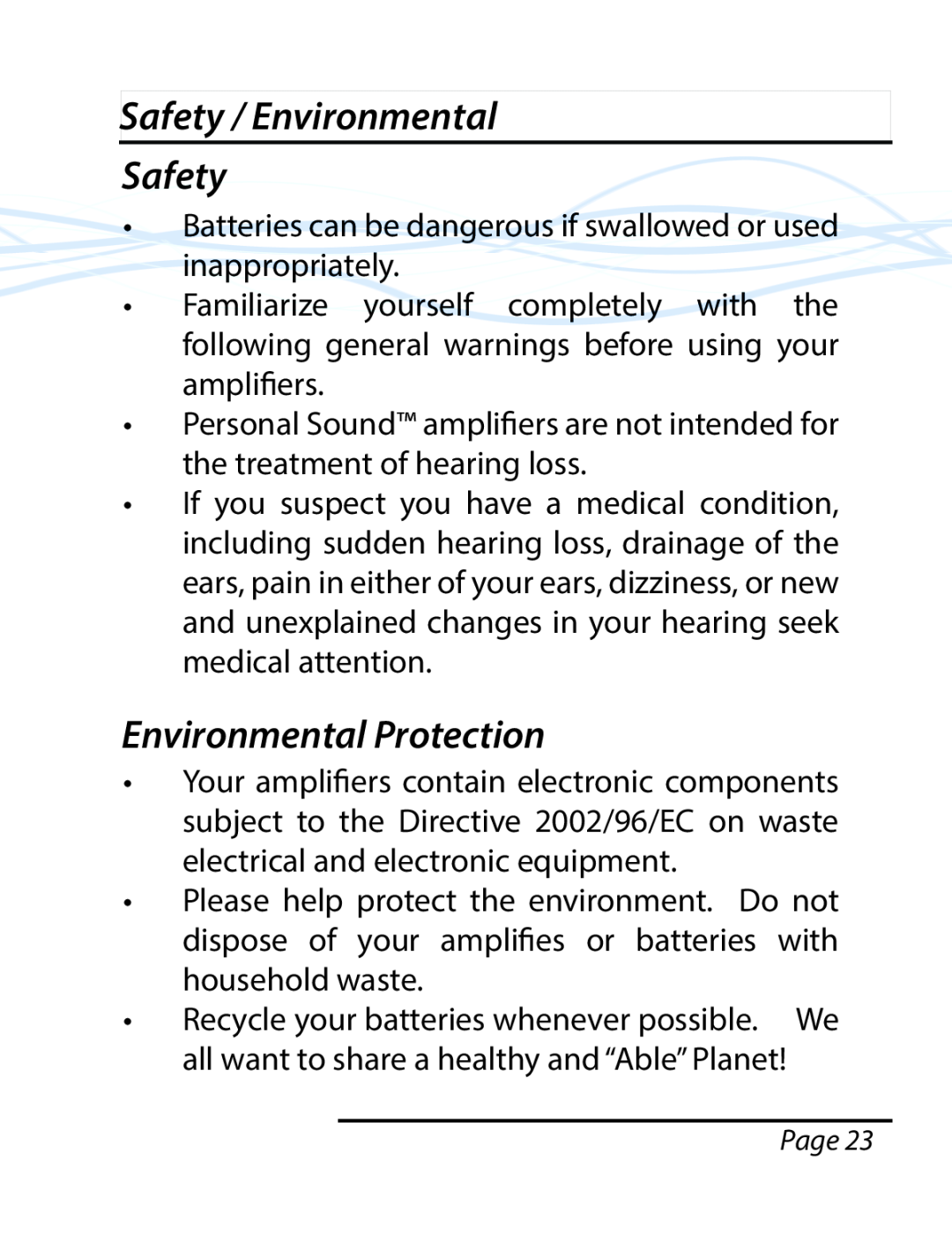 Able Planet PS1600BTE manual Safety / Environmental Safety, Environmental Protection 