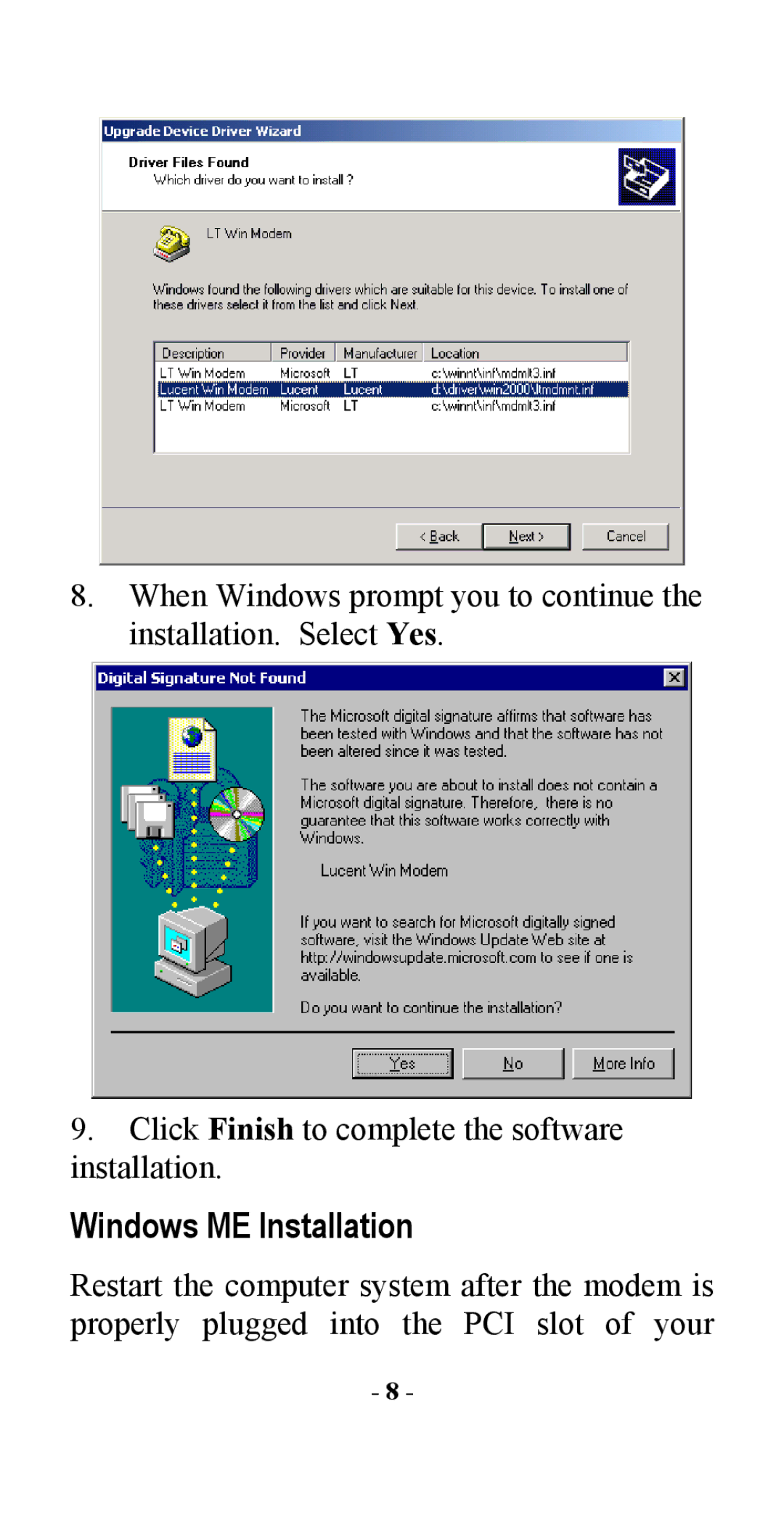 Abocom 56K manual Windows ME Installation 