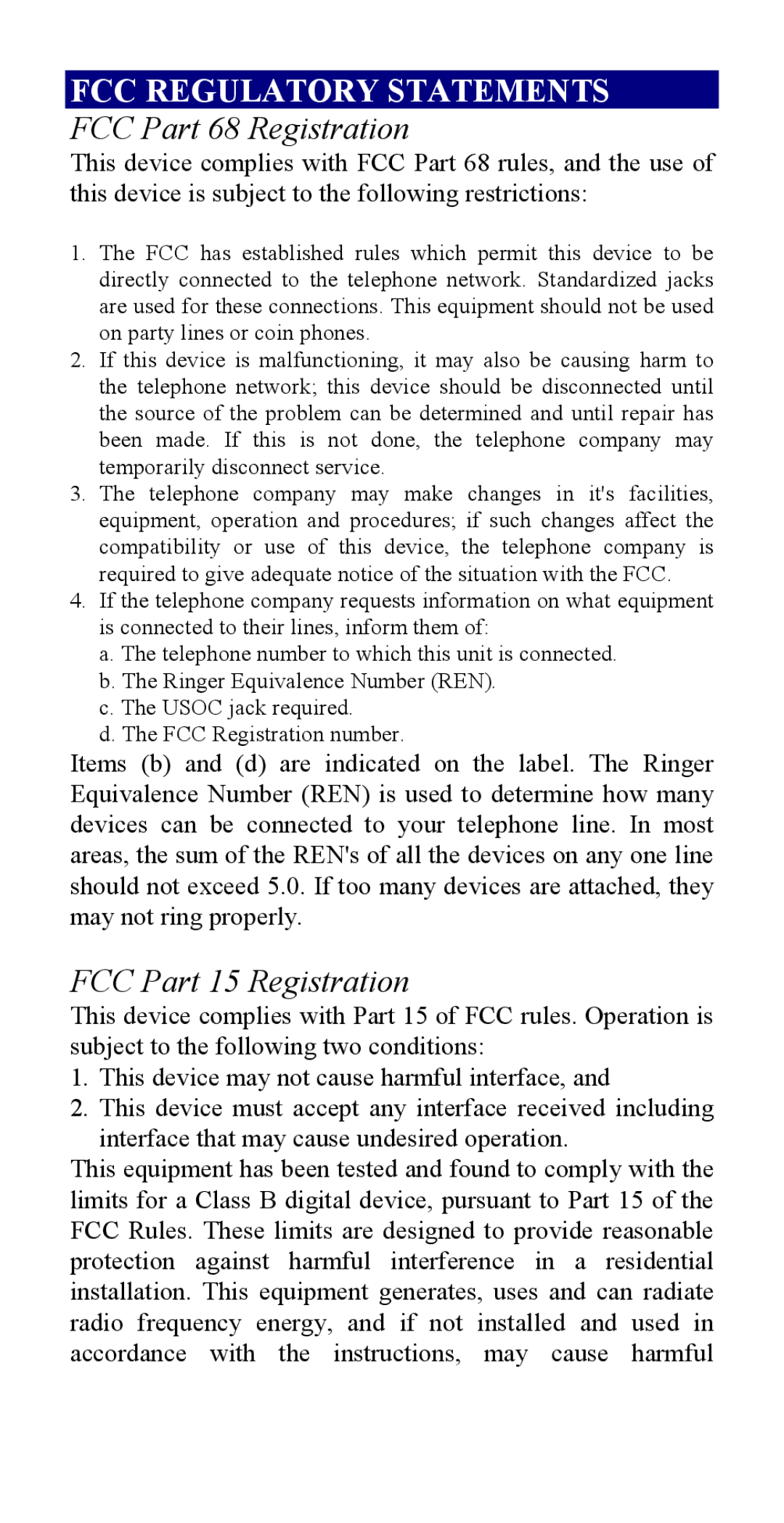 Abocom 56K manual FCC Regulatory Statements 